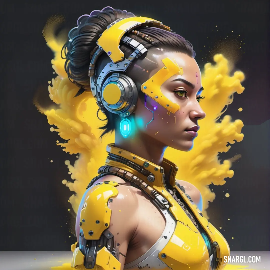 Woman with headphones and a yellow dress with a yellow spray painted on her face and headphones. Color RGB 222,167,61.