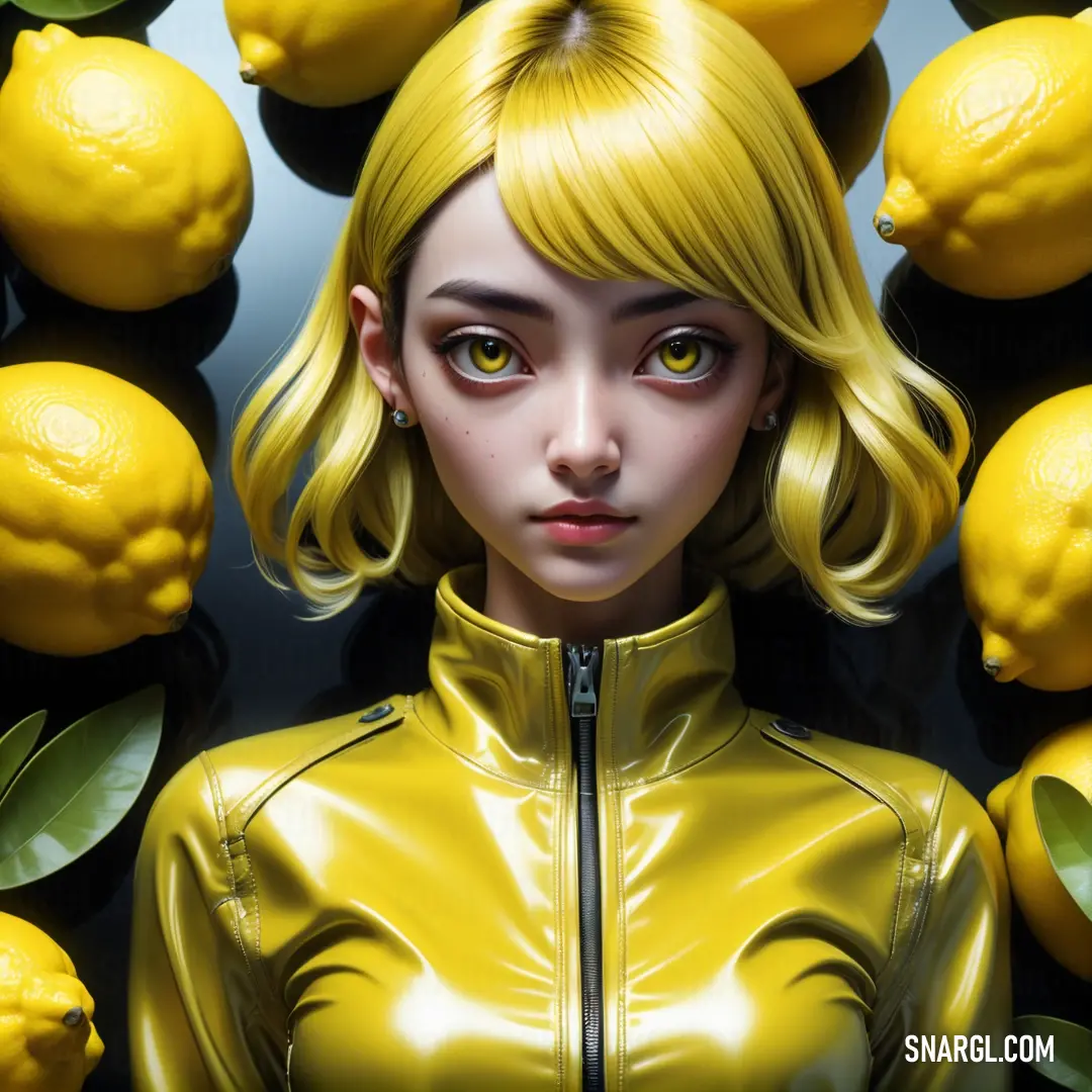 Woman with yellow hair and green eyes stands in front of lemons with leaves and leaves around her. Color RGB 222,167,61.