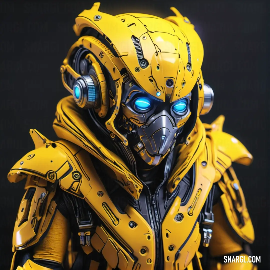 Yellow robot with blue eyes and a helmet on it's head and a black background. Example of NCS S 2050-Y10R color.