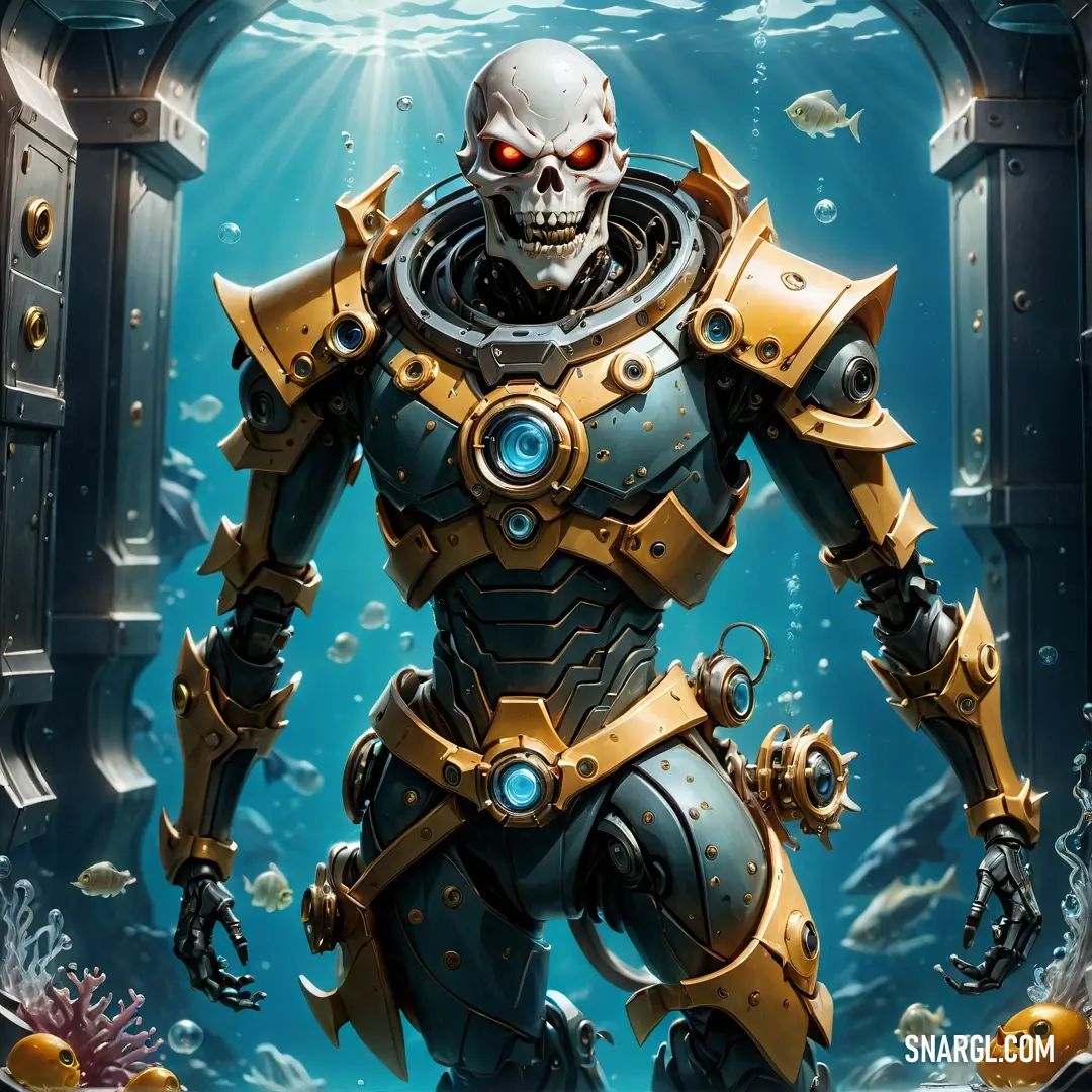 Robot with a skull on his chest standing in front of a door in a underwater scene with corals and a fish. Example of RGB 219,153,61 color.