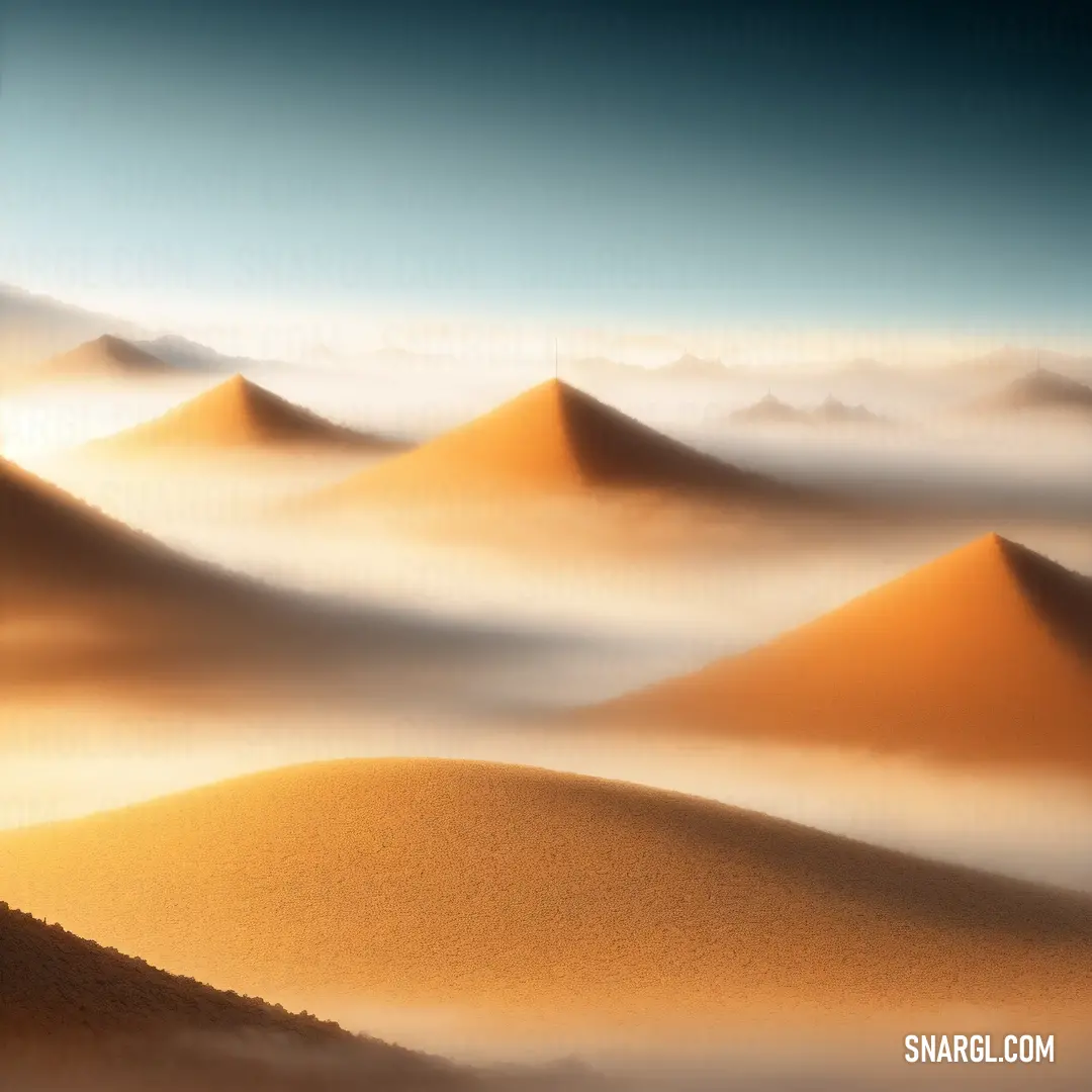 View of a desert with a lot of clouds in the sky and a mountain in the distance with a blue sky. Color #DB993D.