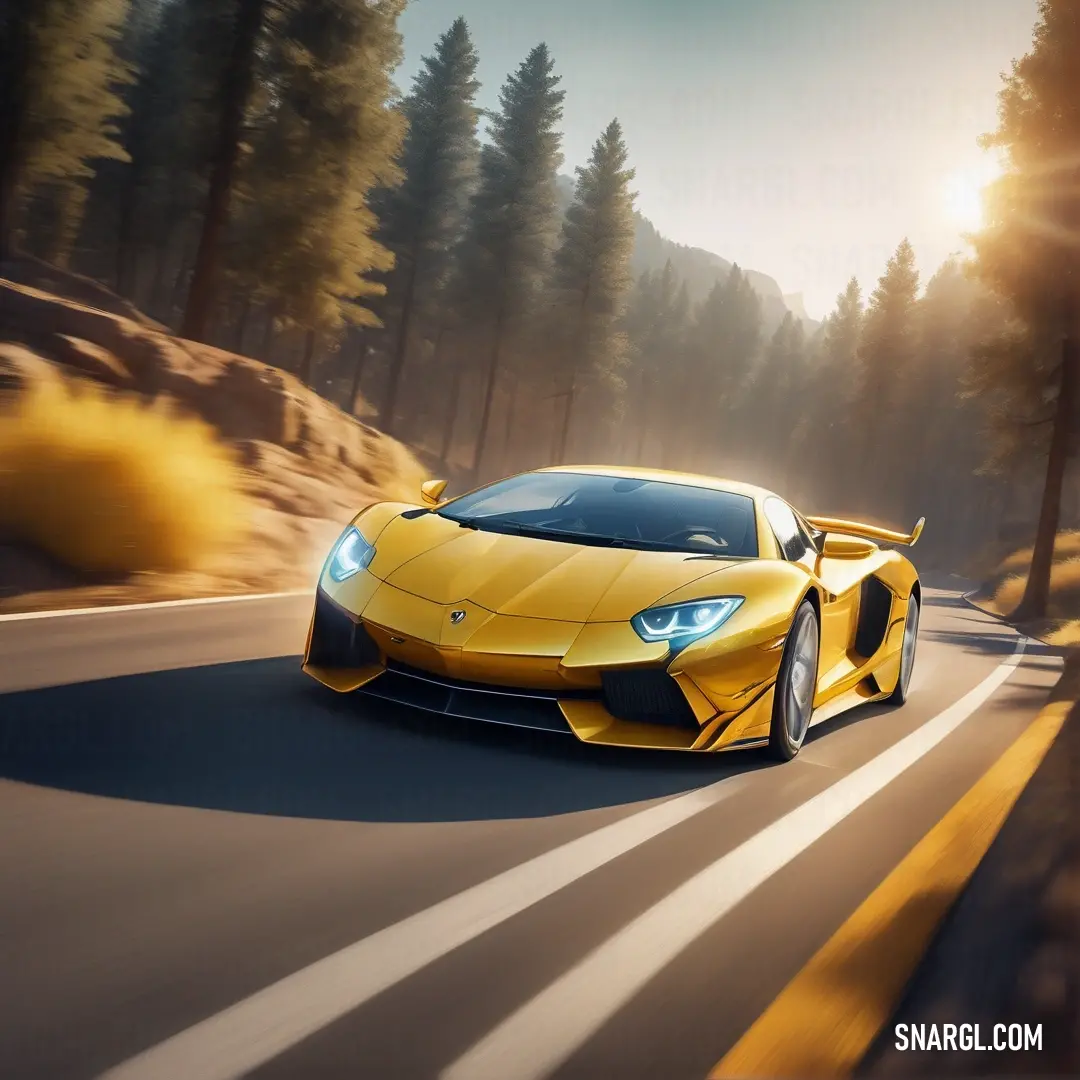 Yellow sports car driving down a road in the woods with trees in the background. Example of CMYK 0,38,80,10 color.