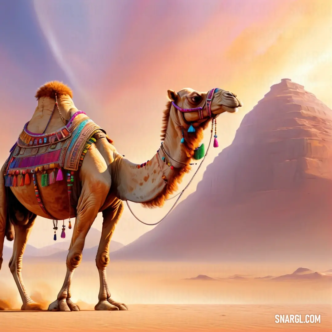 Camel with a saddle standing in the desert with a mountain in the background. Example of RGB 225,135,60 color.