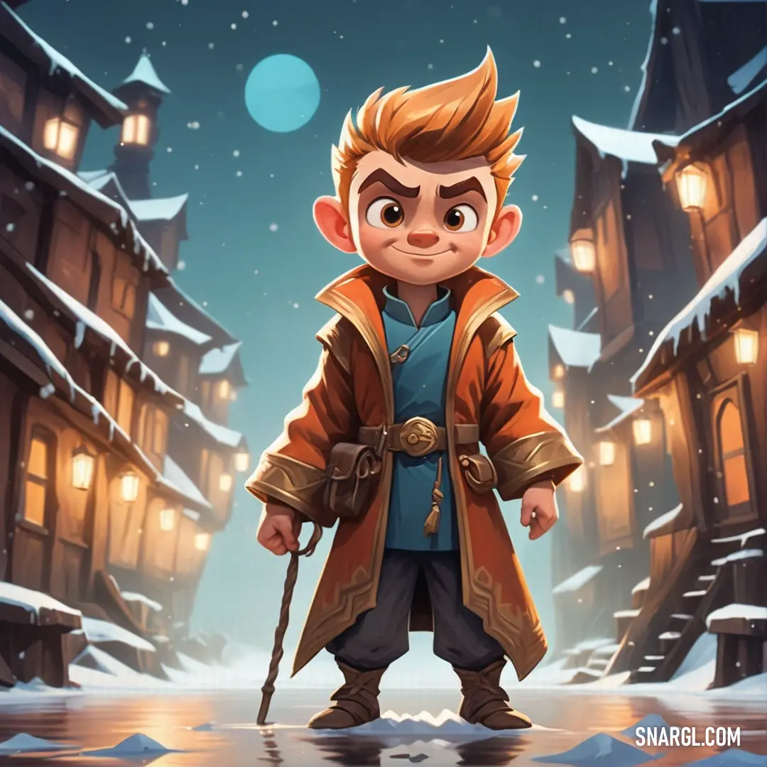 Cartoon character standing in front of a snowy town with a cane in his hand and a cane in his hand. Color RGB 225,135,60.