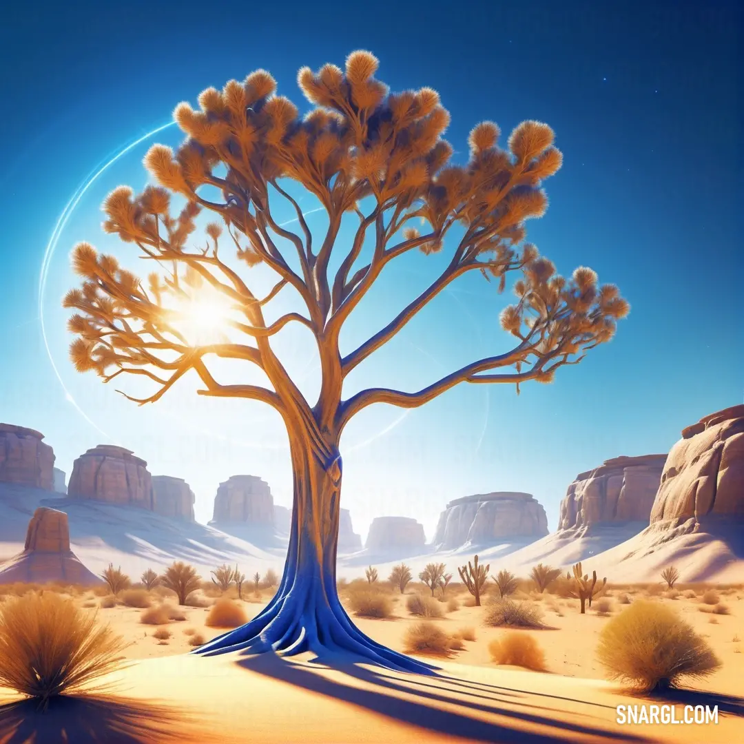 Painting of a tree in the desert with a moon in the background. Color #E1873C.