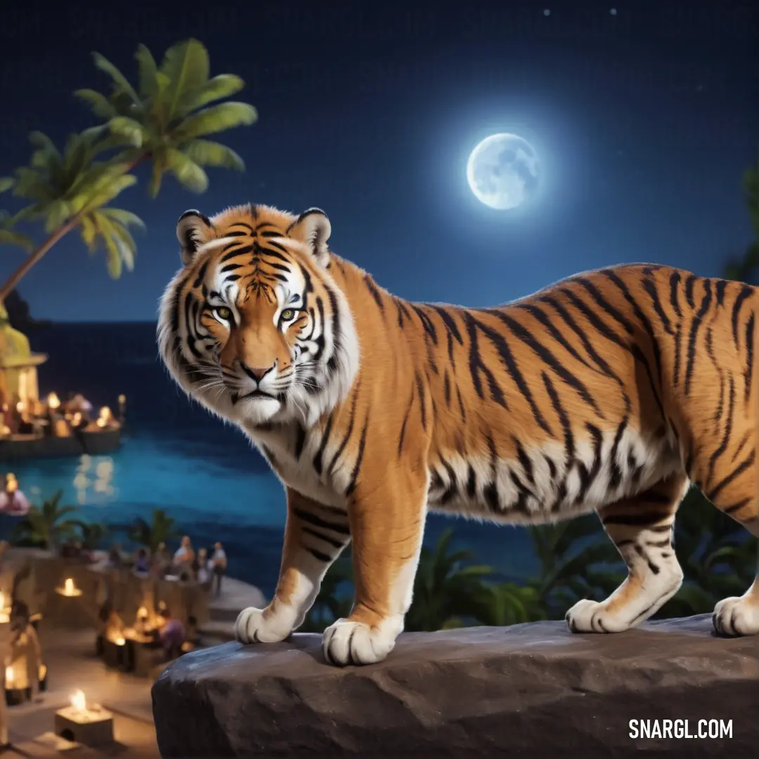 Tiger standing on a rock in front of a beach at night with a full moon in the sky. Example of NCS S 2050-Y30R color.
