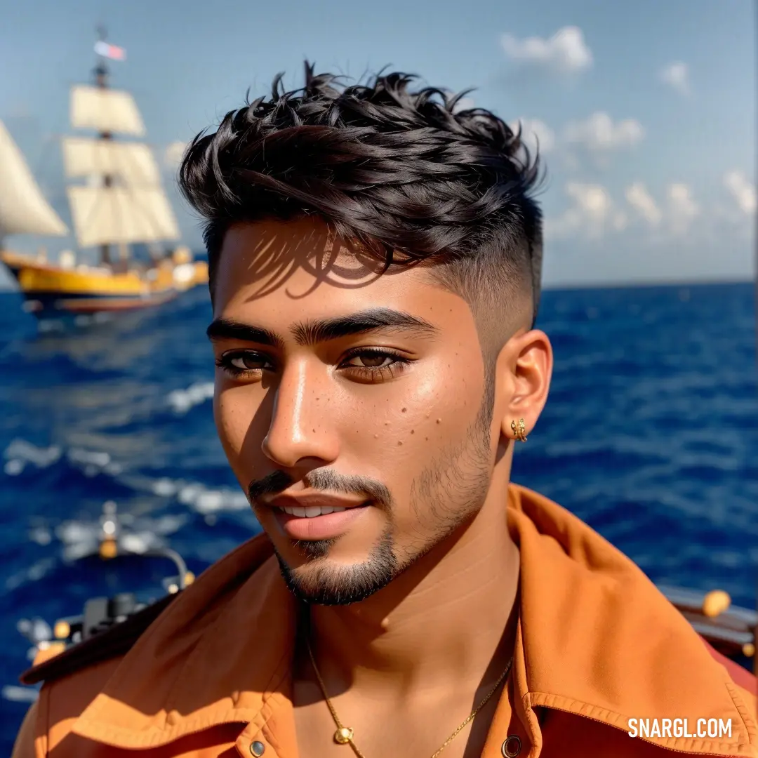 Man with a beard and a boat in the background. Color #E28037.