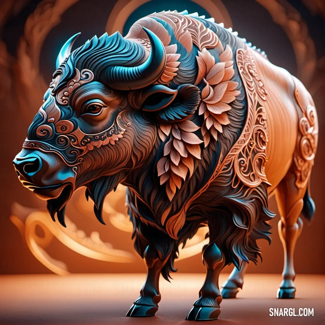 Bull with intricate designs on its body and horns. Color #DF7133.