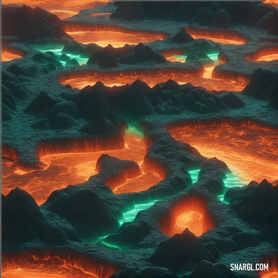 View of a lava landscape with glowing lavas. Example of RGB 223,113,51 color.