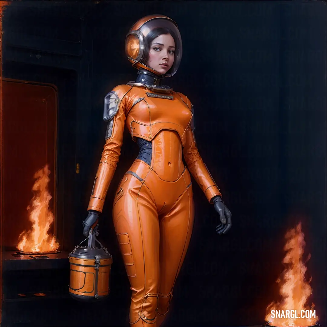 Woman in a orange suit holding a bucket and a fire hydrant in front of a black background. Example of RGB 223,113,51 color.