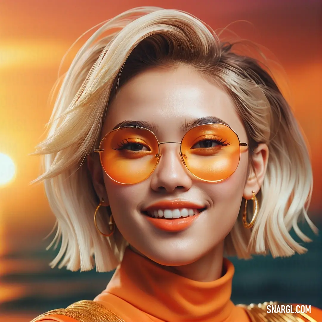 Woman with blonde hair and orange glasses on her face and a sunset background. Color NCS S 2050-Y50R.