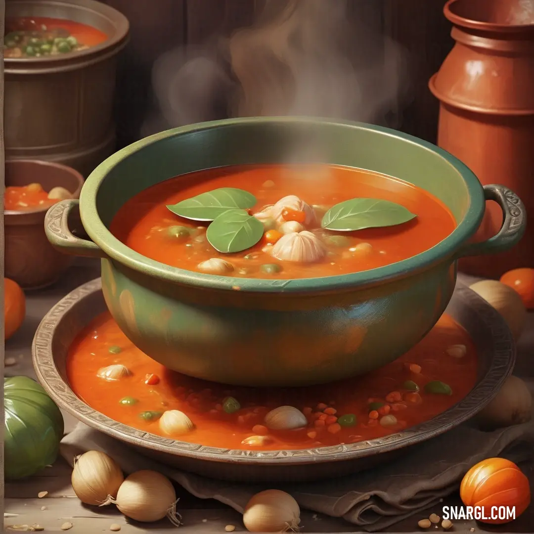 Painting of a bowl of soup with a green leaf on top of it. Example of NCS S 2050-Y60R color.