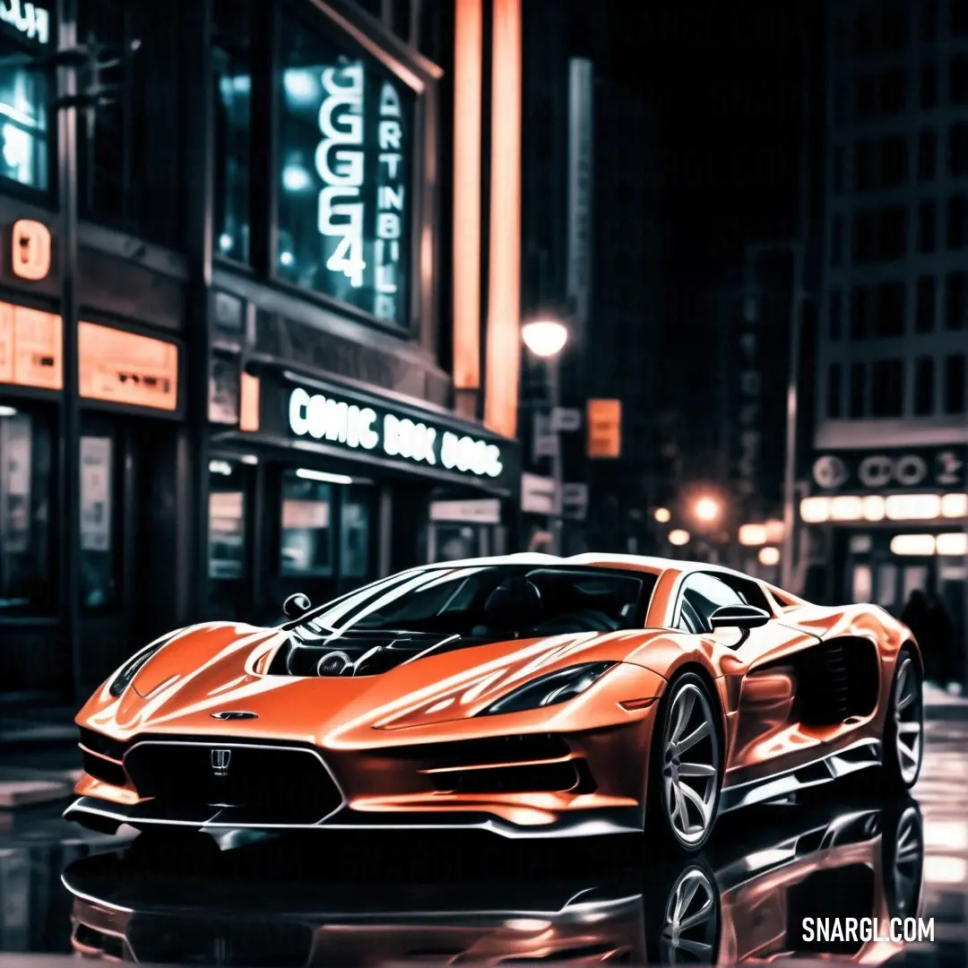 Car parked on a city street at night time with a reflection on the ground in the wet pavement. Color RGB 223,98,65.