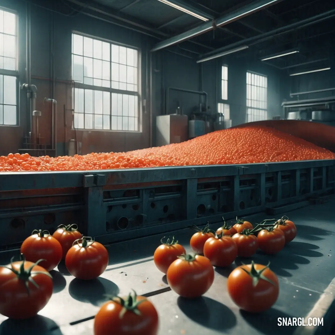 Conveyor belt filled with lots of tomatoes and a pile of red stuff in the background. Color NCS S 2050-Y70R.
