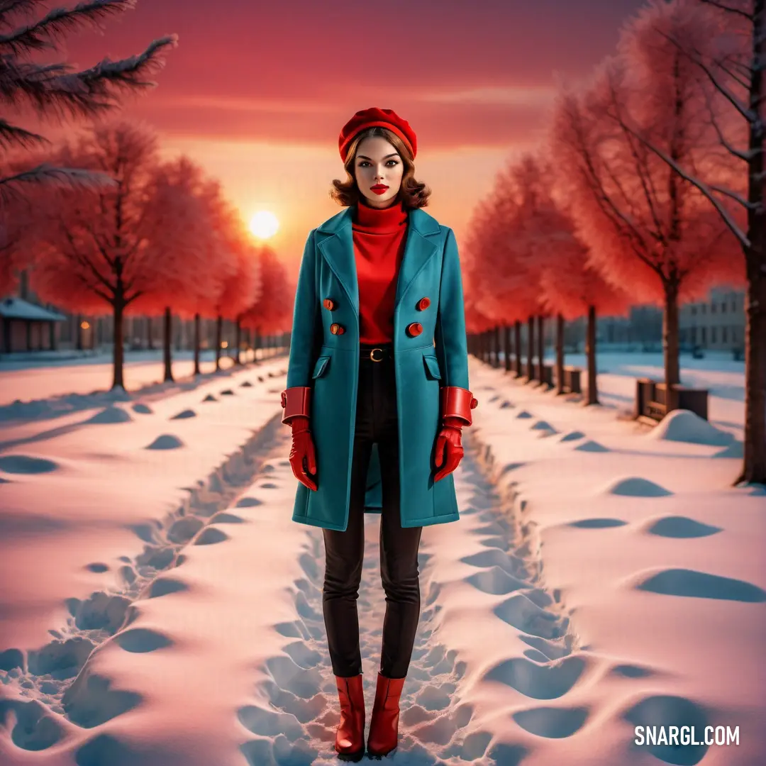 NCS S 2050-Y80R color example: Woman standing in the snow wearing a blue coat and red hat and gloves