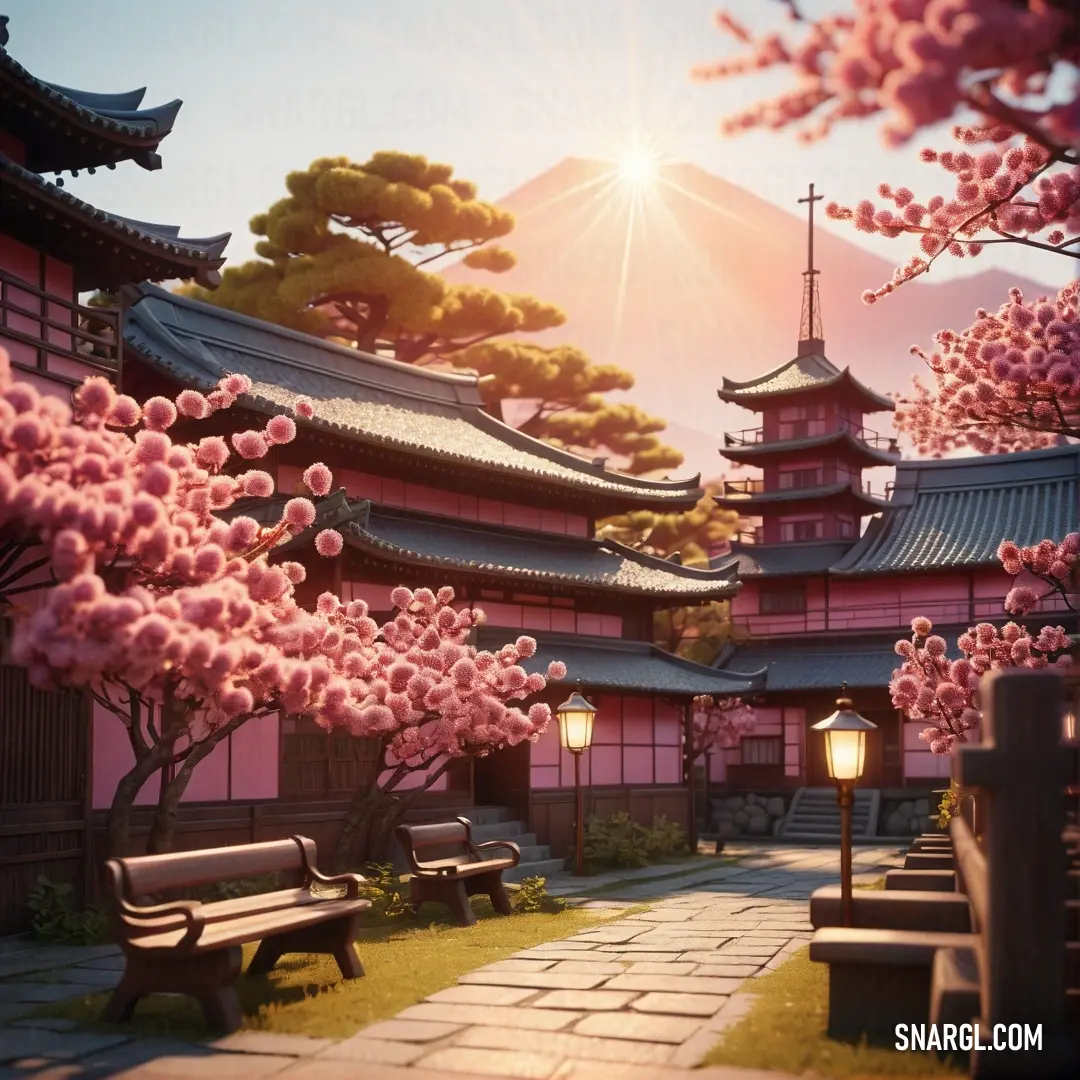 Beautiful scene of a japanese temple with cherry blossoms in blooming trees and benches in front of the building