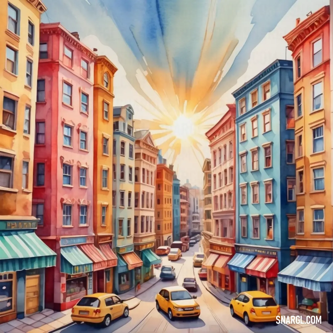 Painting of a city street with cars driving down it and buildings in the background. Color NCS S 2050-Y90R.