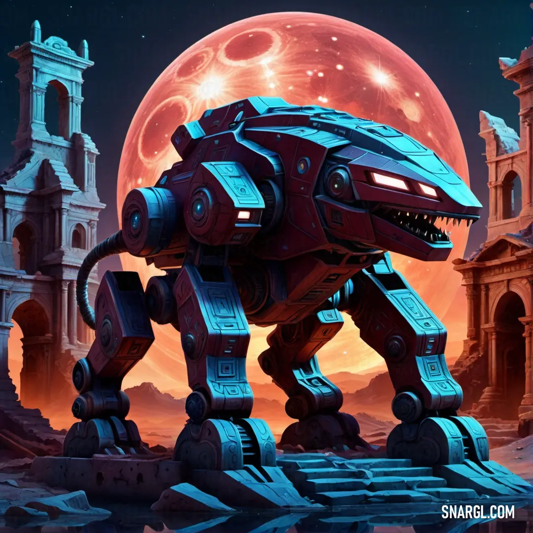 NCS S 2050-Y90R color. Robot dog standing in front of a giant red moon with a city in the background