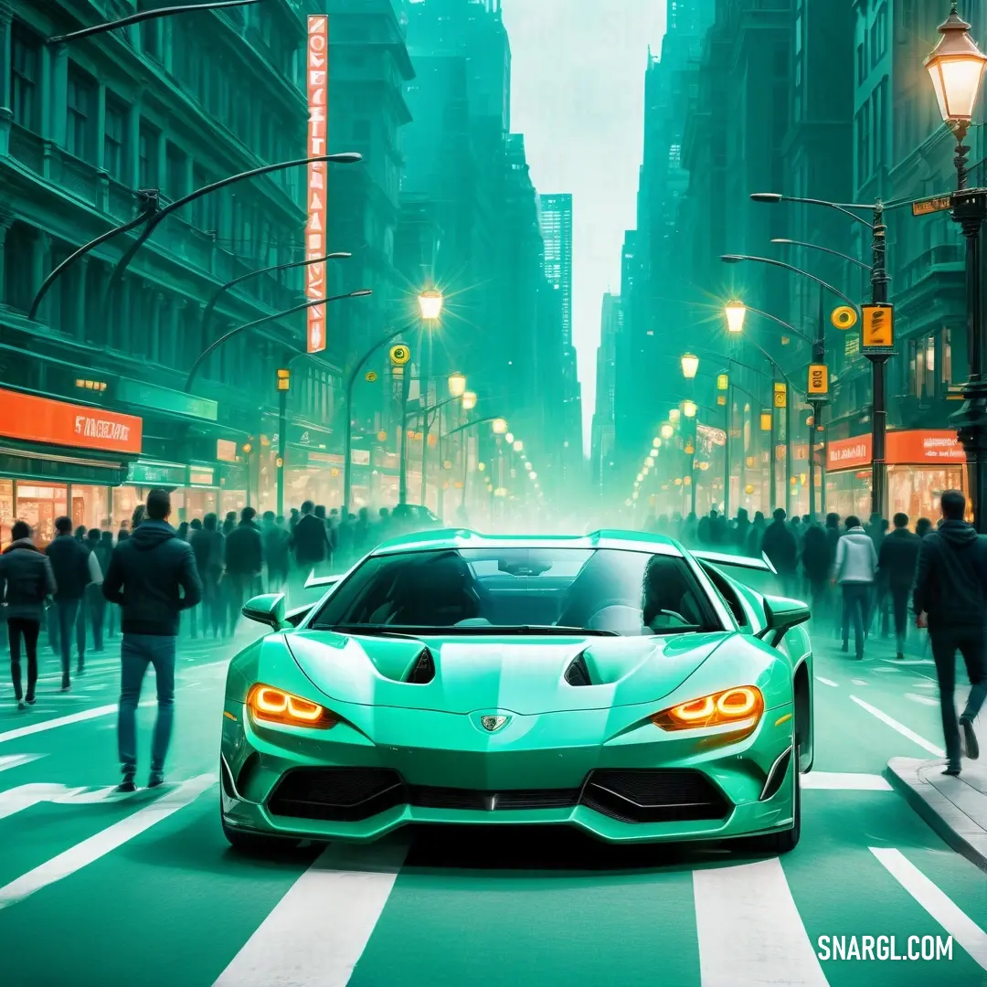 Green sports car driving down a city street at night with people walking around it and a green traffic light. Color NCS S 2060-B70G.