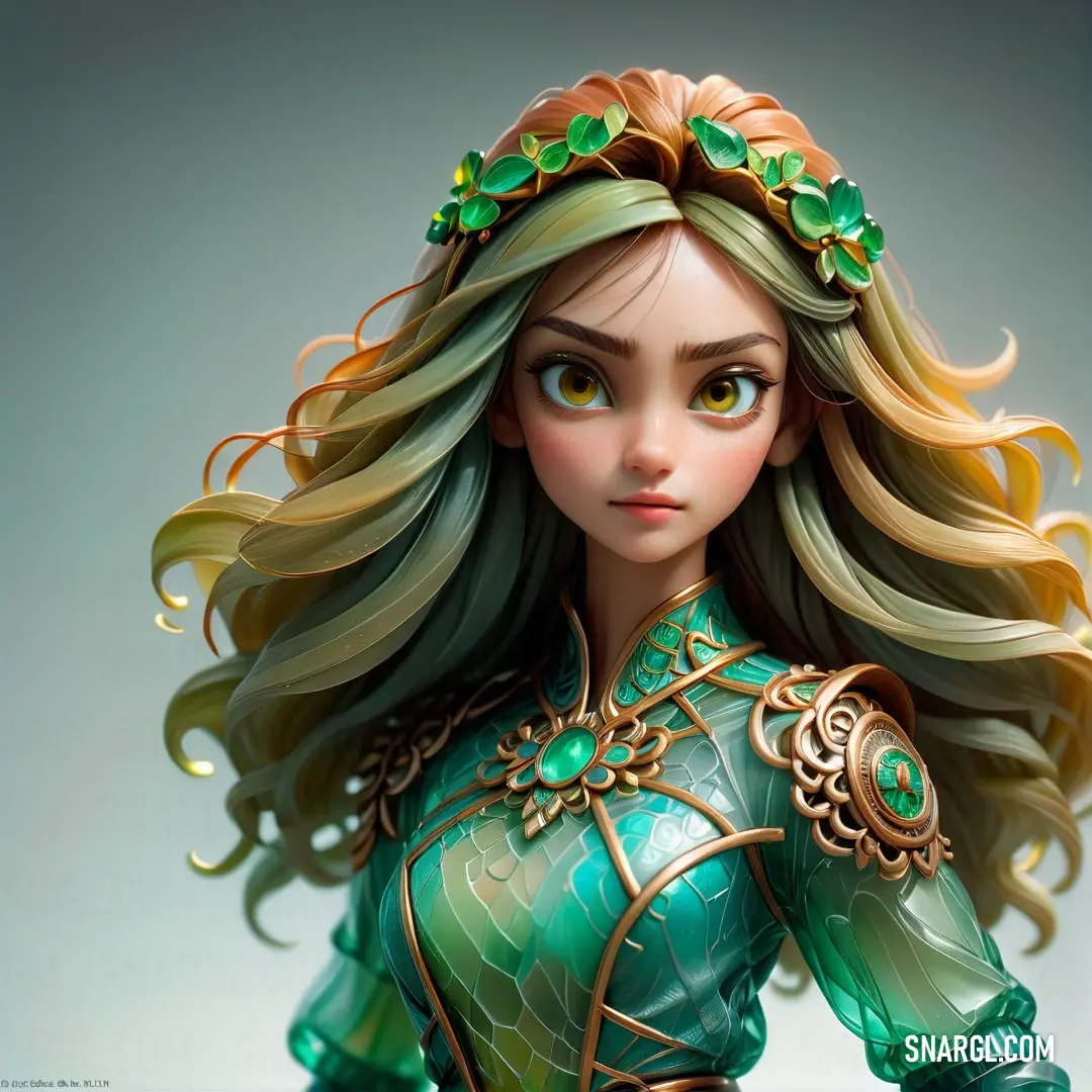 NCS S 2060-B70G color. Woman with long hair and green dress with a crown on her head and a green dress with gold trim