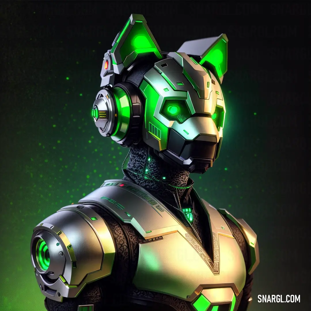Futuristic cat with green eyes and a green helmet on a black background. Example of NCS S 2060-G20Y color.