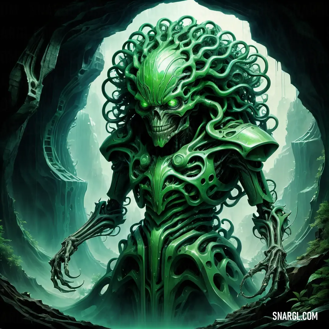 A green alien with a large head and tentacles on its body stands in front of a dark background, creating a striking, eerie presence. The alien's unusual features and vibrant color make it an intriguing figure in this mysterious scene.