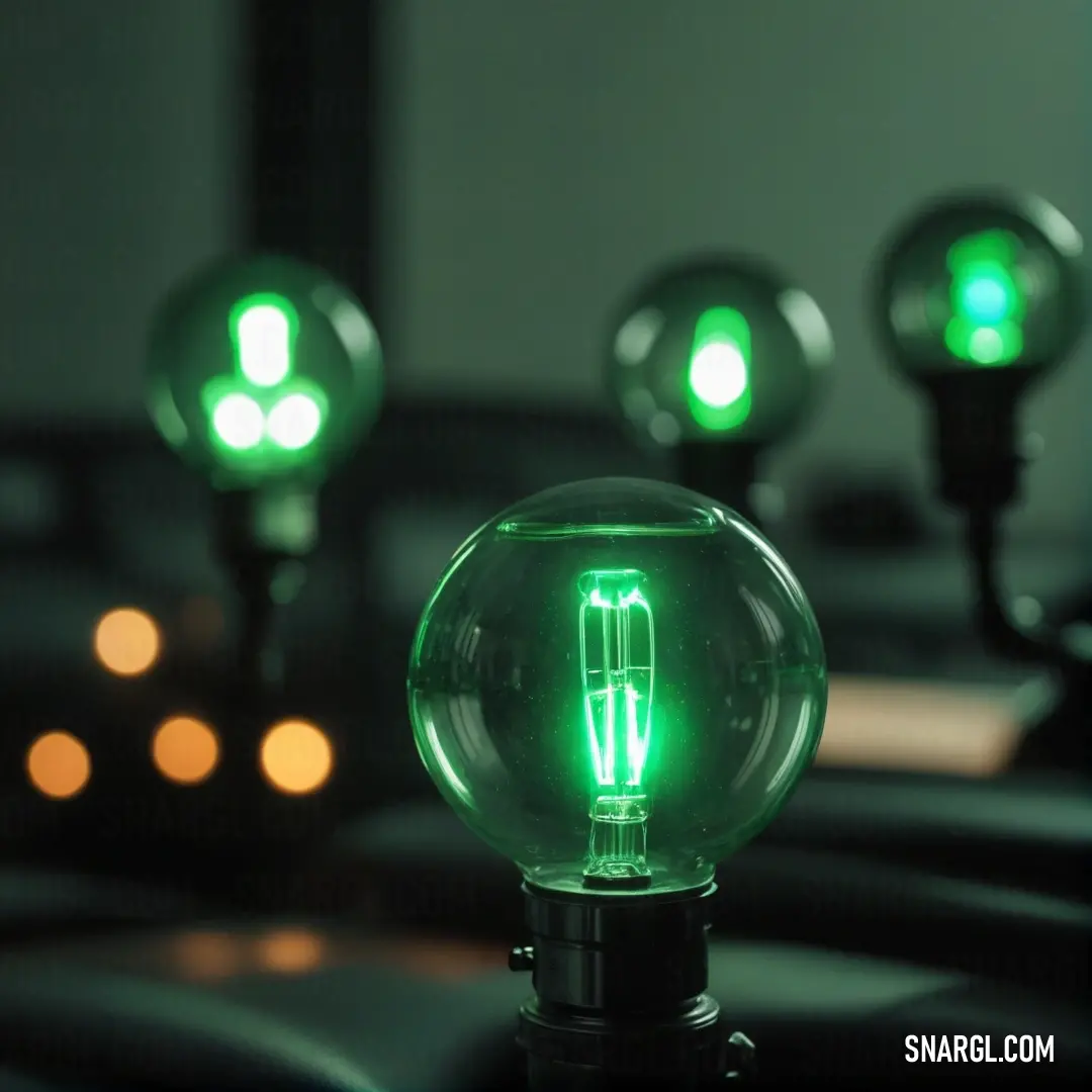 A vibrant green light bulb illuminates a stylish tabletop, surrounded by three other decorative lights, complemented by a sleek mirror reflecting their glow in a cozy ambiance.