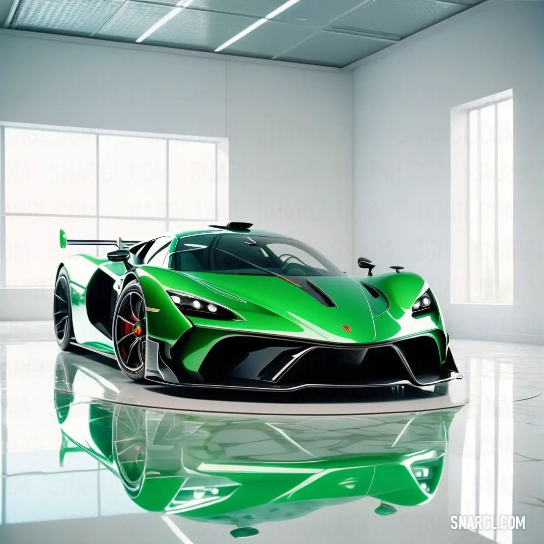 Green sports car is parked in a room with a large window and a reflective floor area with a white wall. Color RGB 32,175,61.