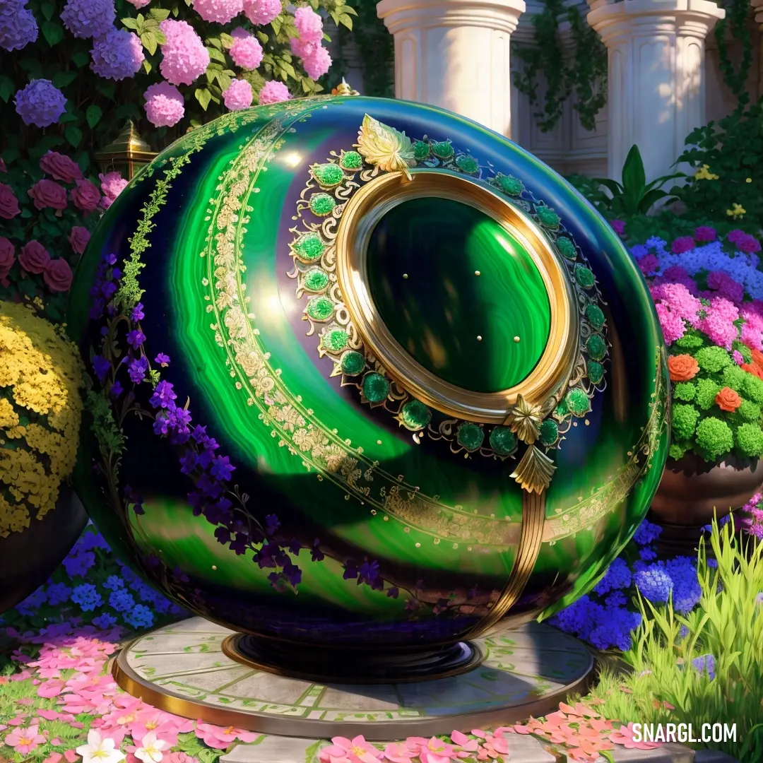 Green vase with a gold rim surrounded by flowers and plants in a garden area with a white pillar. Color #20AF3D.