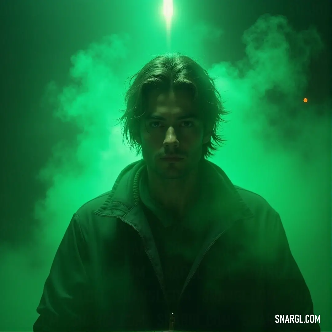 A man stands confidently against a backdrop illuminated by a mysterious green light, embodying a charismatic presence that draws attention with the vibrant hue accentuating his features.