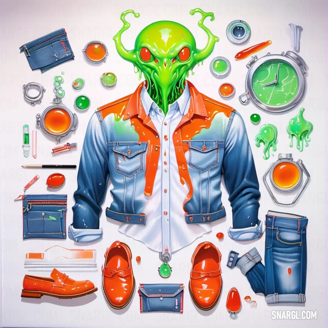 A painting of a man's outfit features a green alien head with orange accents, blending alien and human elements into an imaginative design. The vibrant color choices create an eye-catching and dynamic look.