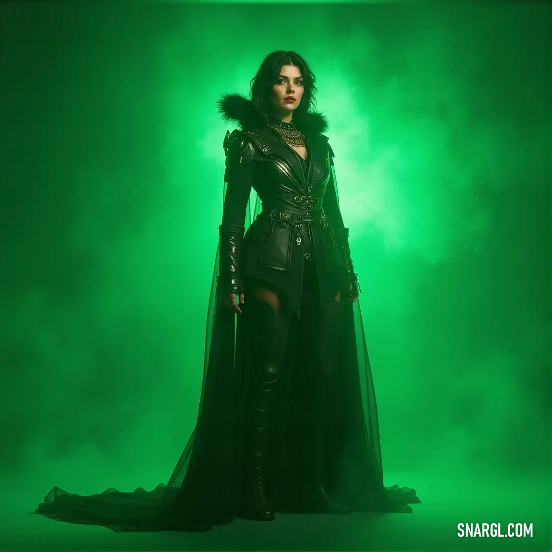 A mysteriously alluring woman in a sleek black outfit stands poised against a softly illuminated green backdrop, embodying a blend of elegance and intrigue that captivates the viewer's imagination.