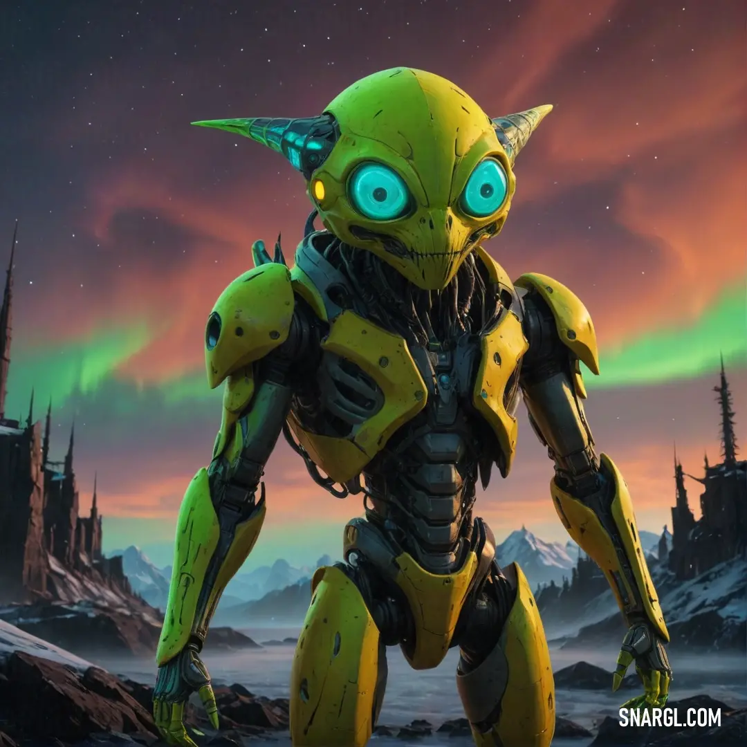 A cheerful yellow robot with large eyes perches against a breathtaking mountain landscape, while a green aurora dances above, weaving a scene that melds joy and natural splendor into a harmonious tableau.