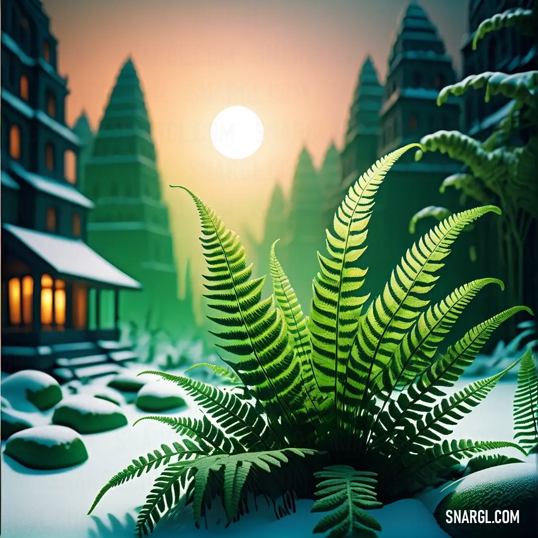 Green plant in the middle of a snowy landscape with a house in the background. Example of CMYK 68,0,100,7 color.