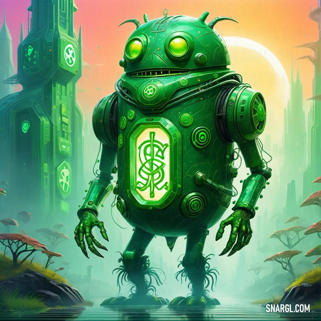 Green robot standing in front of a green castle with a clock tower in the background. Example of CMYK 68,0,100,7 color.