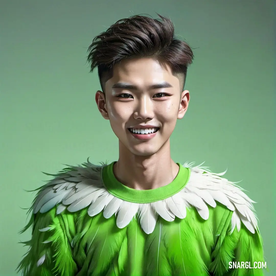 Man with a green shirt and white feathers on his shirt. Example of #50B100 color.