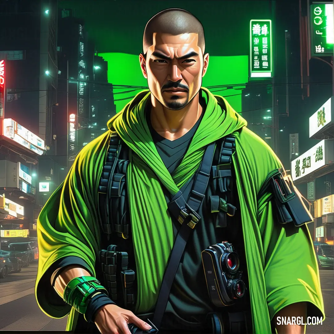 Man in a green outfit holding a camera in a city at night time with neon lights on the buildings. Color NCS S 2060-G30Y.