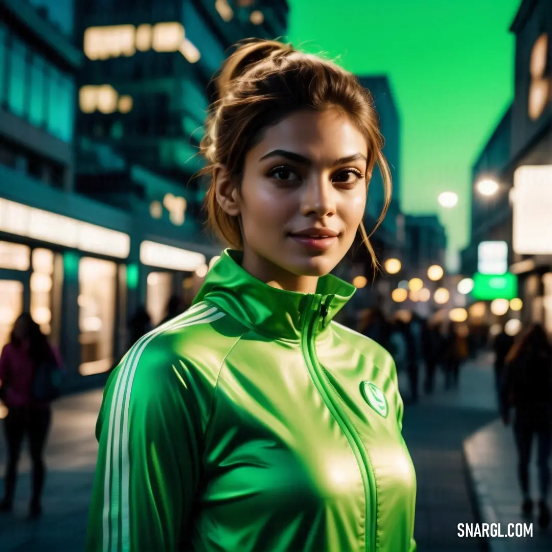 Woman in a green jacket is standing on a street corner at night with people walking by and buildings in the background