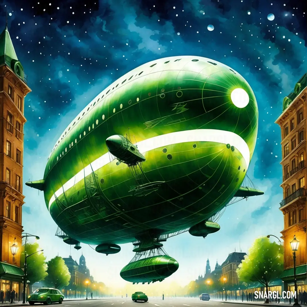 NCS S 2060-G30Y color example: Painting of a green alien ship floating over a city street at night with a car driving by it