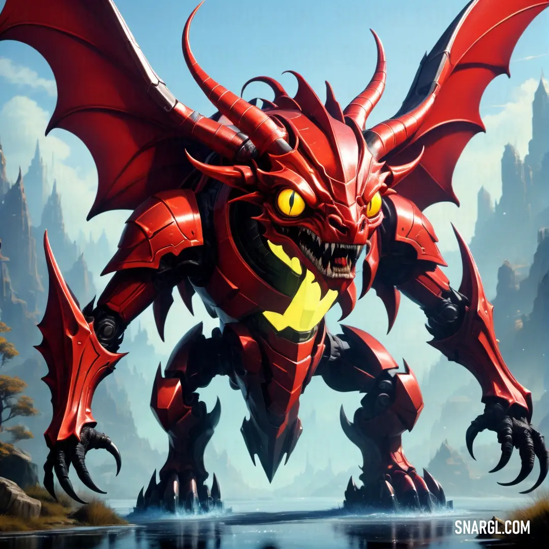 Red dragon with yellow eyes standing in front of a lake and mountains in the background. Example of RGB 188,45,62 color.