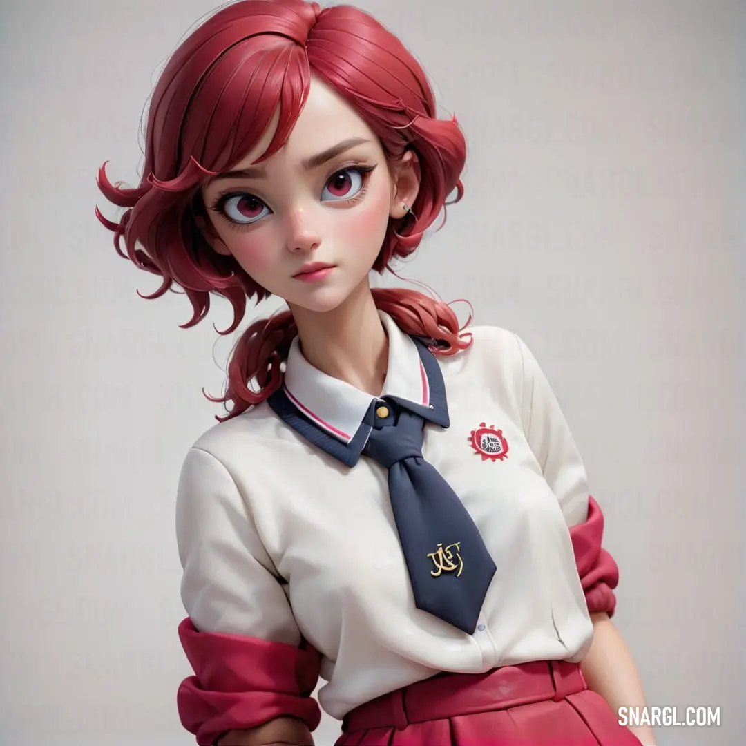 Girl with red hair wearing a tie and a white shirt and red skirt with a crest on it. Color RGB 184,39,80.