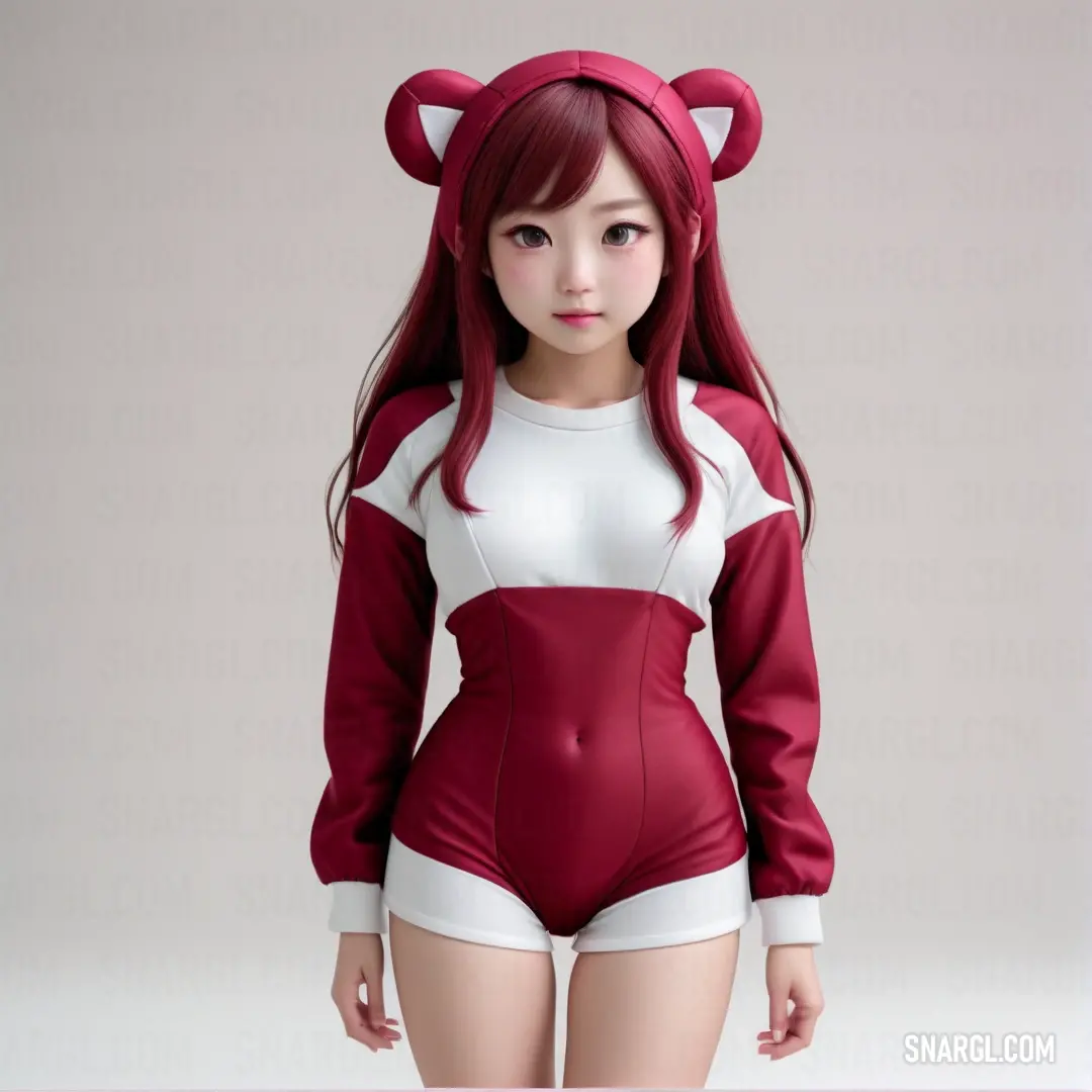 Woman in a red and white bodysuit with a bear ears on her head and a cat ears on her head. Example of CMYK 0,90,37,20 color.