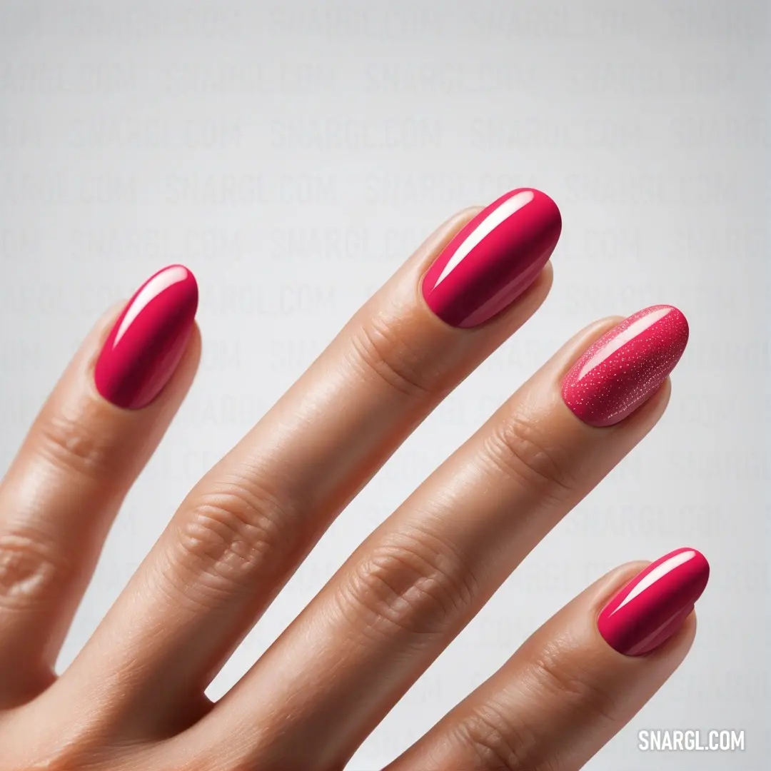 NCS S 2060-R10B color. Woman's hand with a red manicure and a ring on it's finger, with a white background