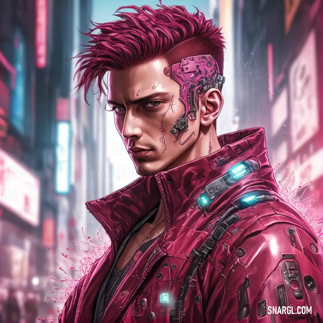 Man with a pink hair and piercings on his face in a city street with neon lights. Example of CMYK 0,90,20,20 color.