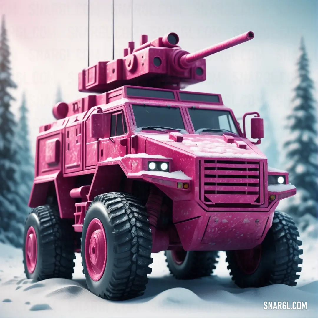 NCS S 2060-R20B color example: Pink armored vehicle with a gun on top of it in the snow with trees in the background