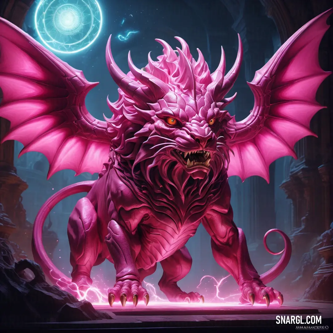 Pink dragon with large wings and a glowing orb in the background. Color NCS S 2060-R20B.