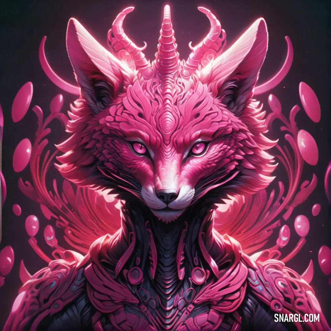 Pink fox with a horned head and horns on it's face, with a pink background. Example of RGB 184,35,96 color.