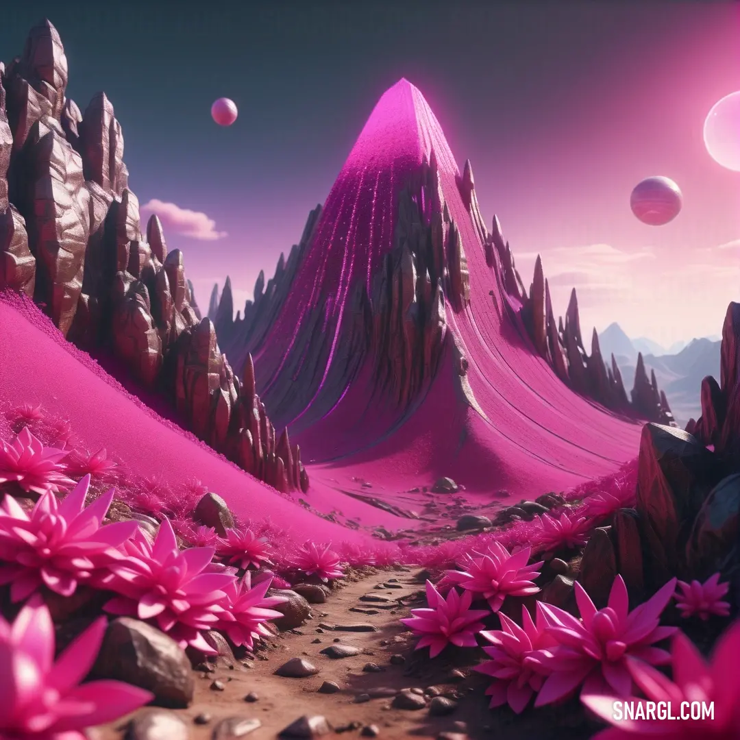 Pink landscape with mountains and flowers in the foreground. Example of NCS S 2060-R20B color.