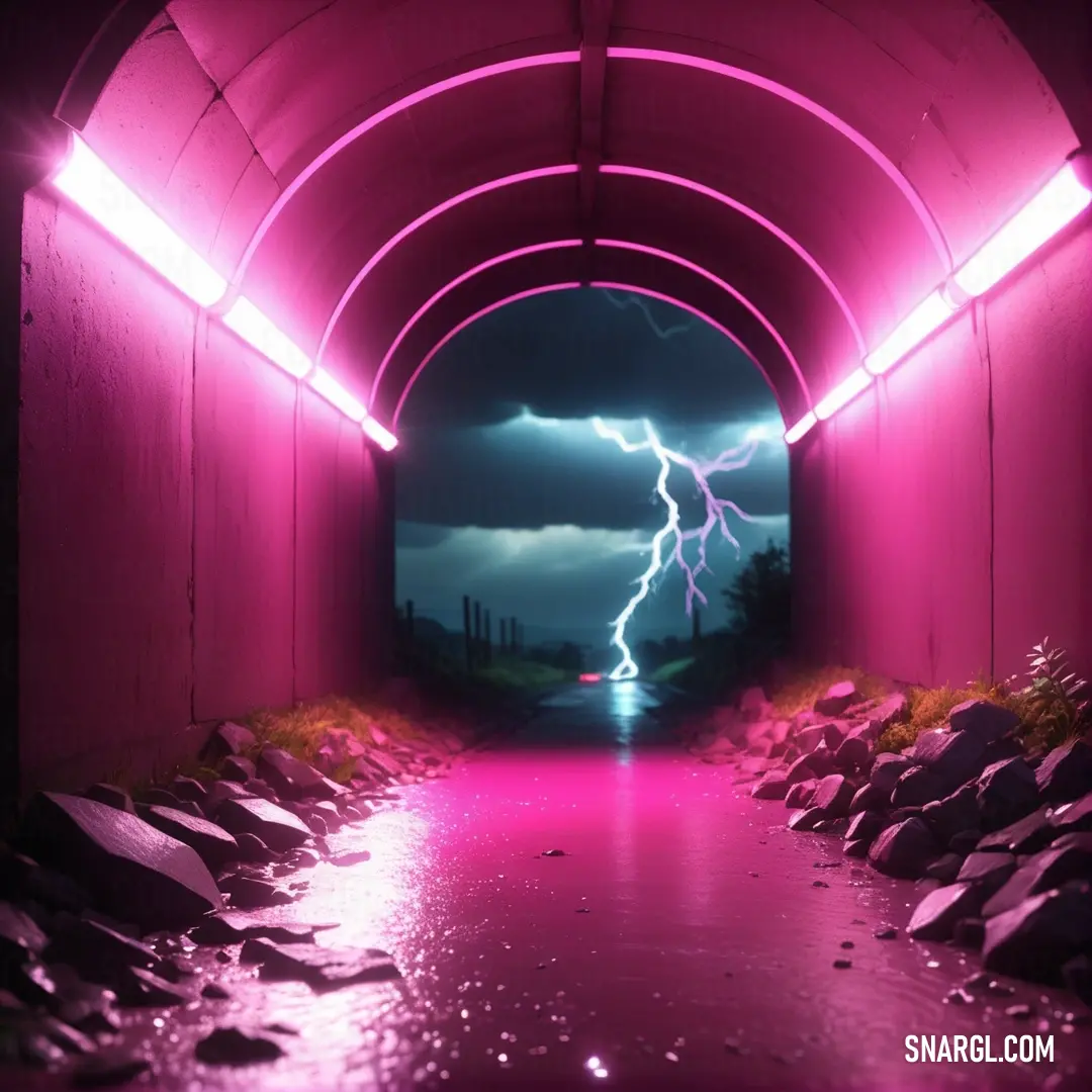 Tunnel with a bright pink light and a lightning bolt in the distance. Example of #B82360 color.