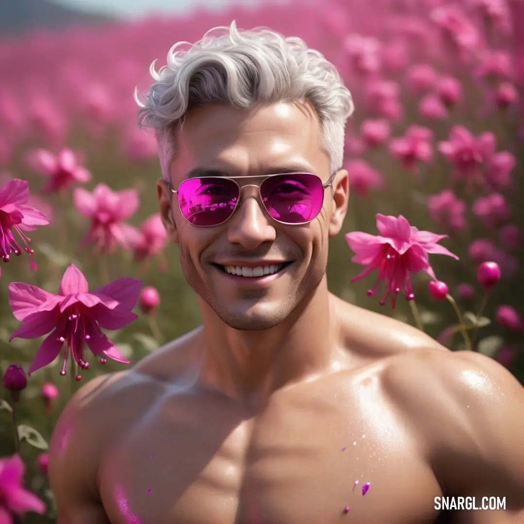 Man with pink sunglasses standing in a field of flowers with pink petals on his chest. Color CMYK 5,90,0,25.